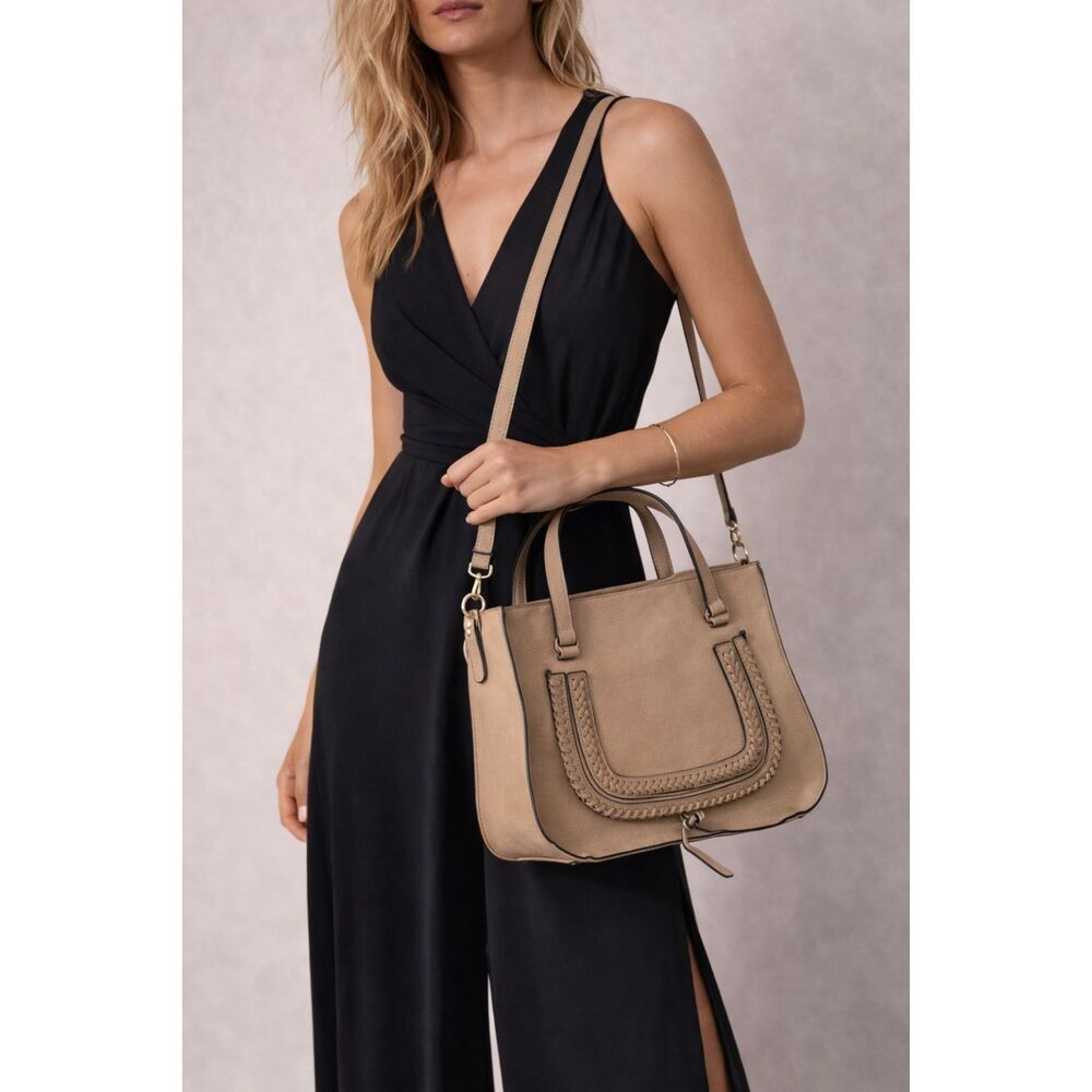 Sole Society Beige Handbag Purse  Vegan Leather Large Braided Front Crossbody